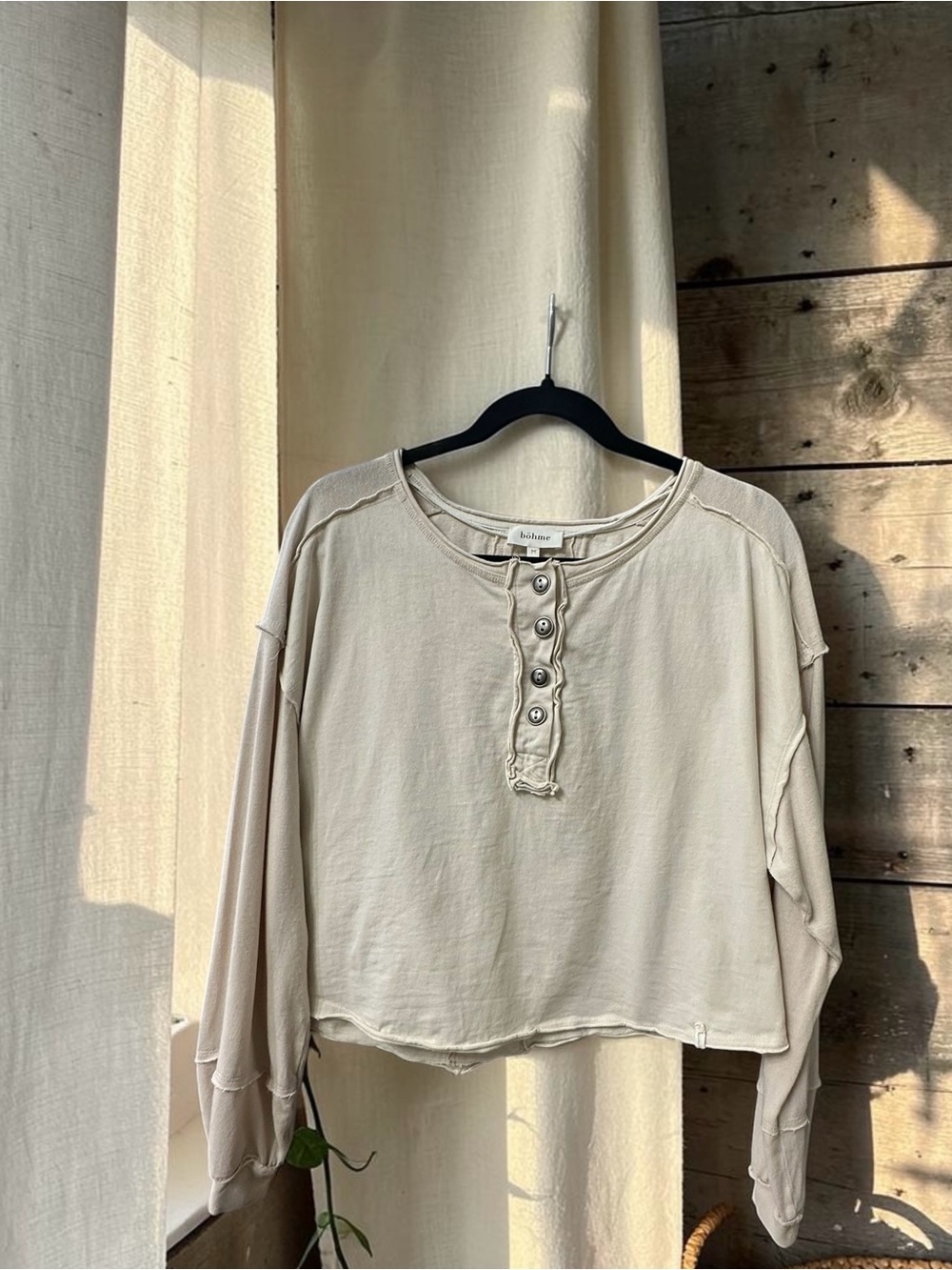 Bohme Cotton Mixed Media Crop Long Sleeve Blouse. Cream. Size: Medium